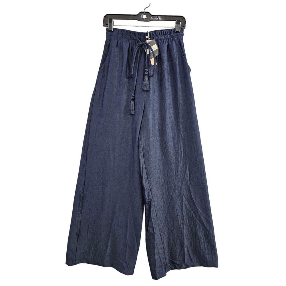 Dress Forum Wide Leg Pants Women S Navy Blue‎ Solid Tassel Drawstring High Waist